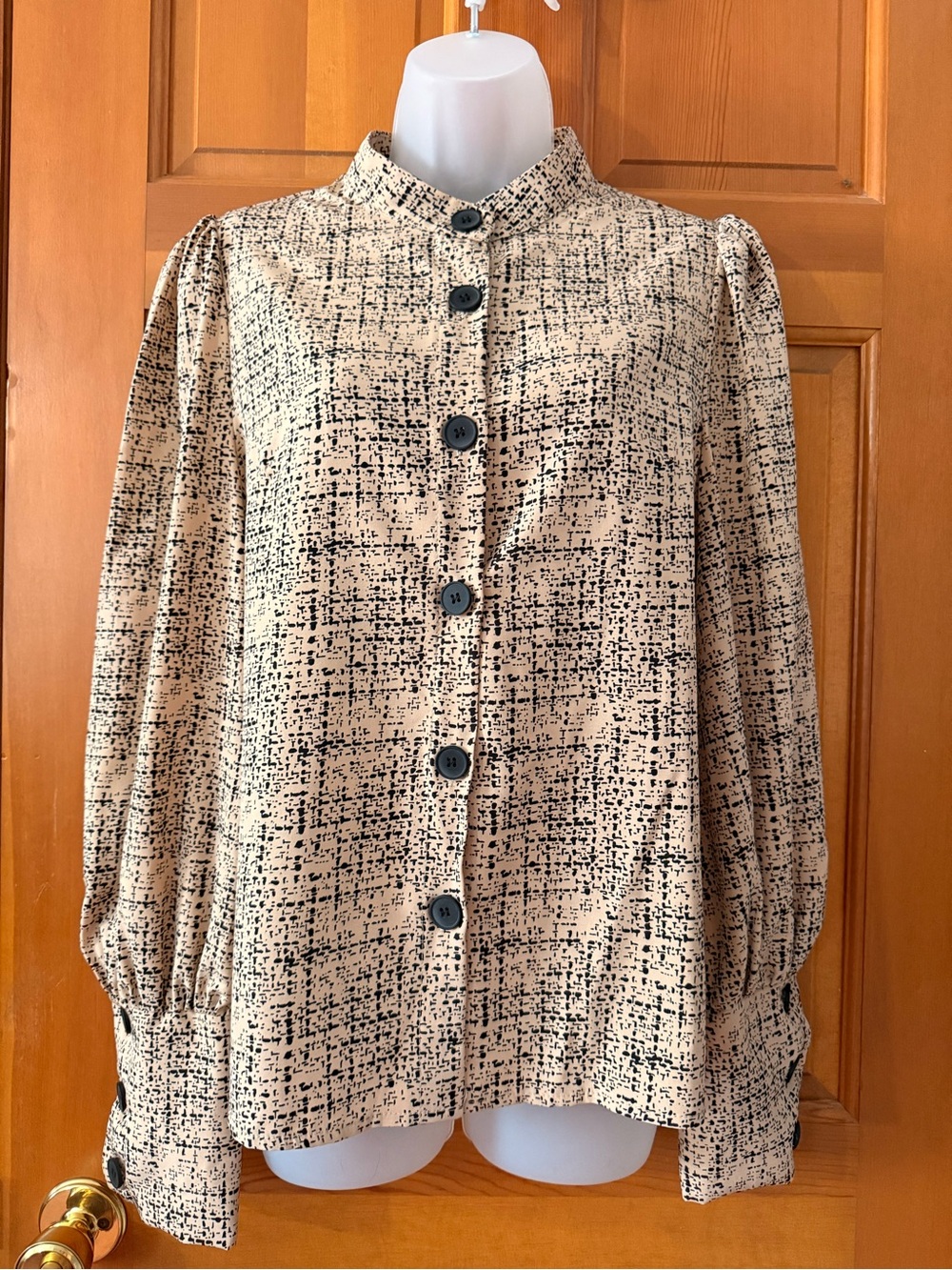 SHEIN Beige and Black Textured Button-Down Blouse